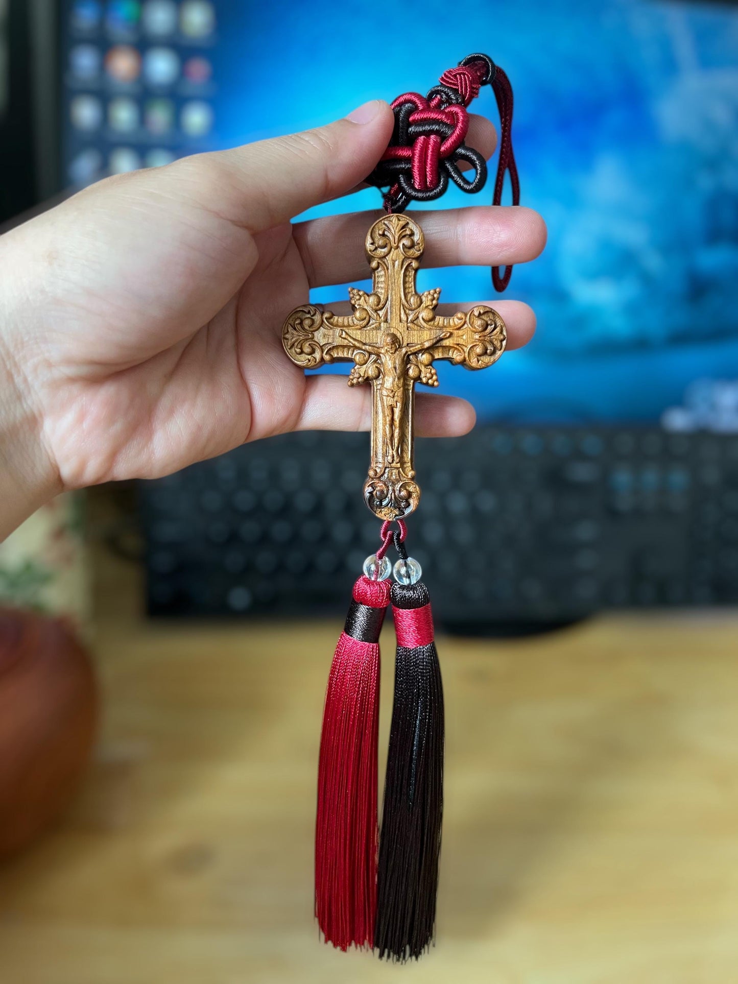 Handmade Wooden Cross Car Charm: Catholic Rearview Mirror Ornament