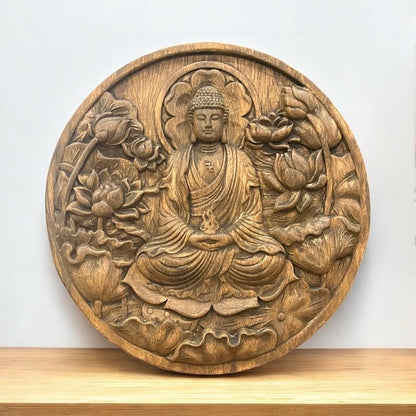 Wood Carved Amitabha Buddha Wall Art 30cm 11.8 inches diameter