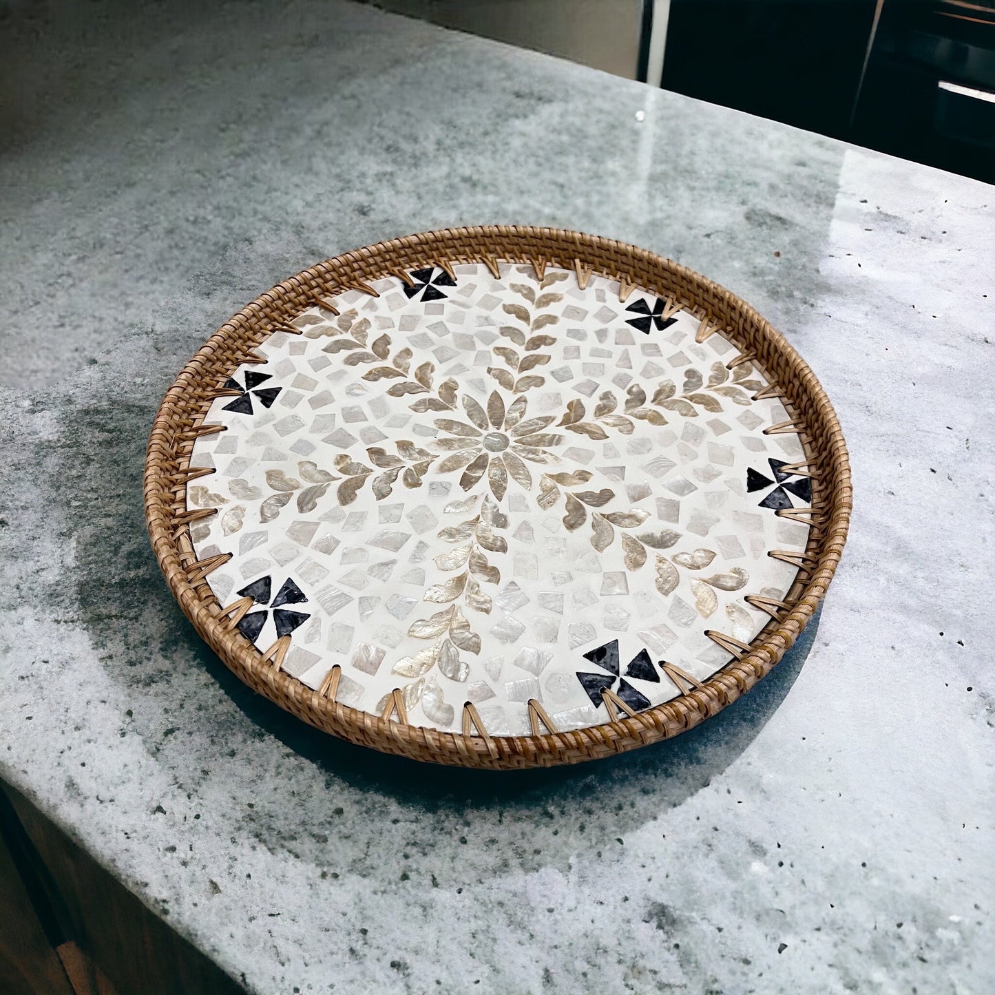 Black White Gold flower Hand-woven Capiz Shell Tray