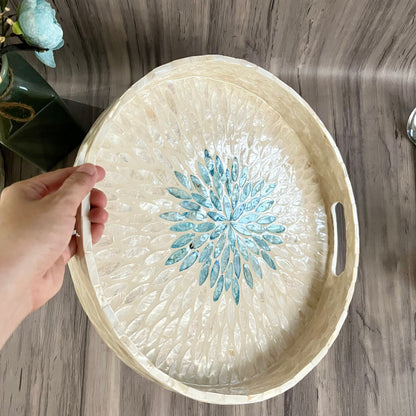 Round Capiz Shell Floral Inlay Tray with Teal Center