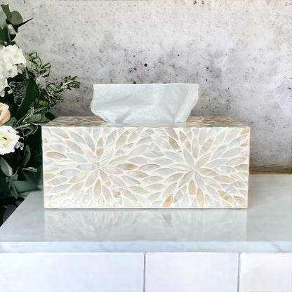 Rectangular Ivory Floral Mother of Pearl Tissue Box Cover