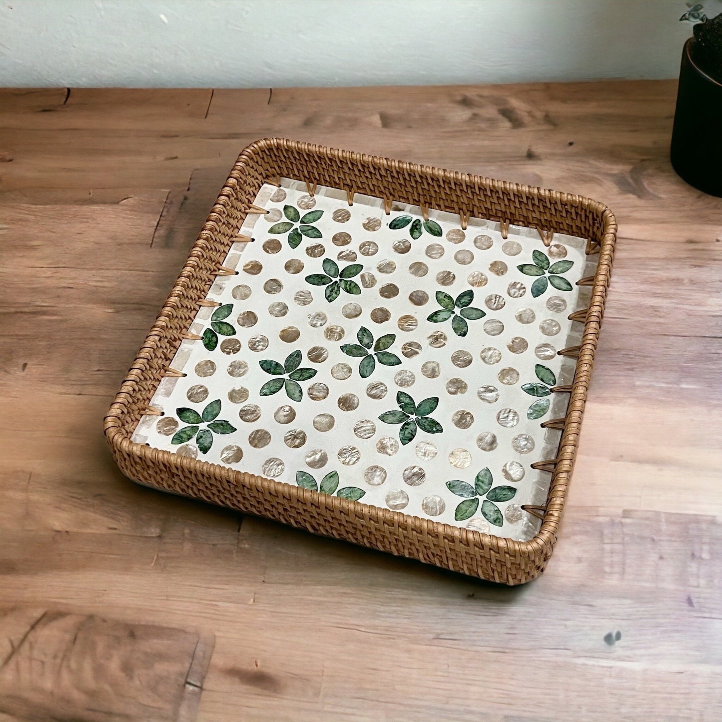 Square Capiz Shell Rattan Tray with Floral Dot Mosaic