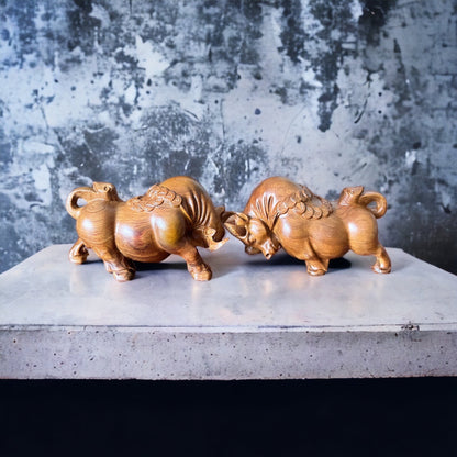 Feng Shui Bull Figurines Set of 2 | Green Cypress Wood