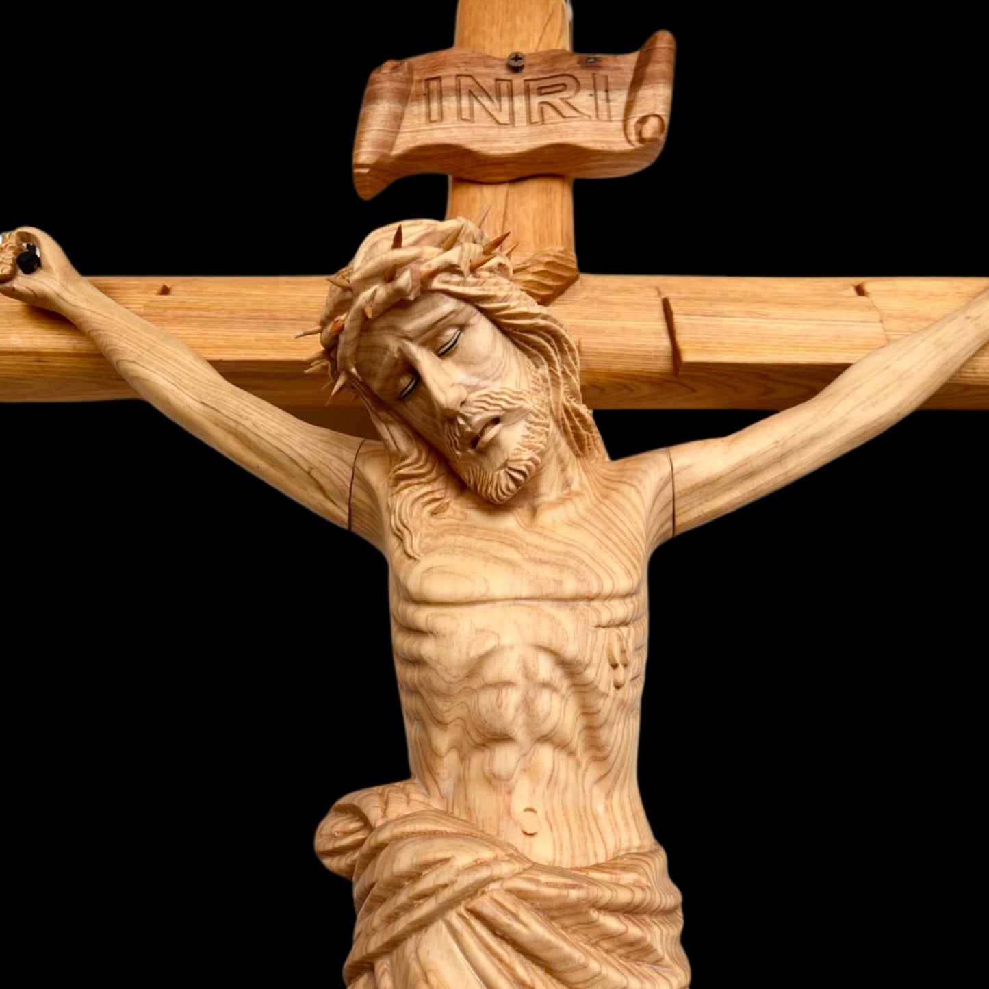 Large Fokienia 37'' Wood Crucifix Cross with Saint Joseph & Mary Statues
