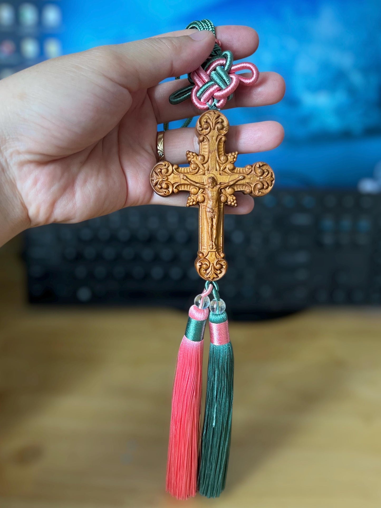 Handmade Wooden Cross Car Charm: Catholic Rearview Mirror Ornament