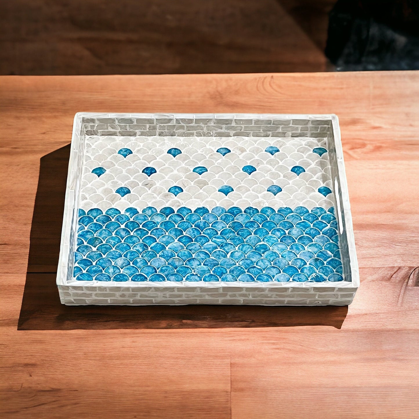 Rectangular Blue & White Mother of Pearl Scallop Inlay Tray