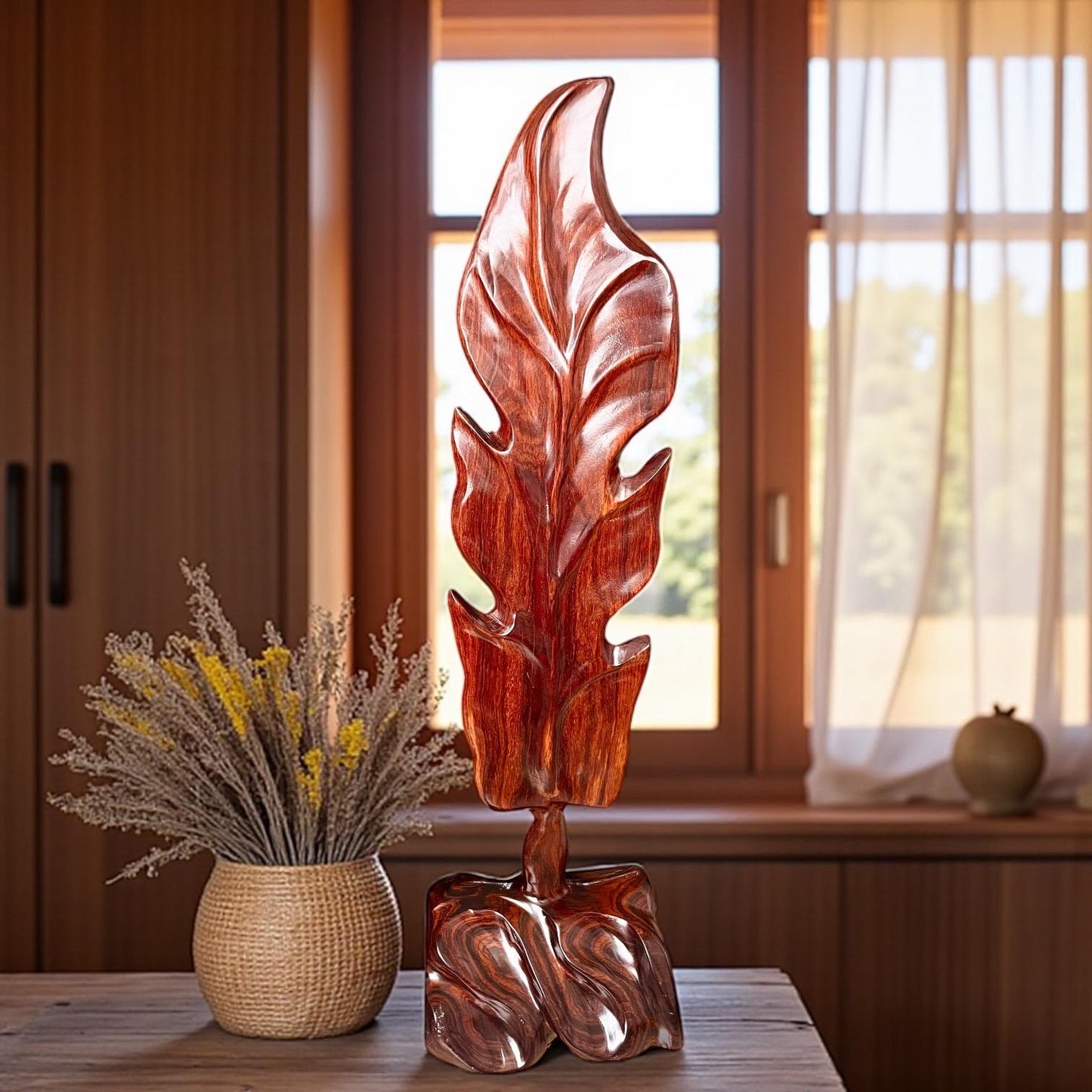 Hand-Carved Rosewood Oak Leaf Sculpture: Natural Wood Decor 27'' tall