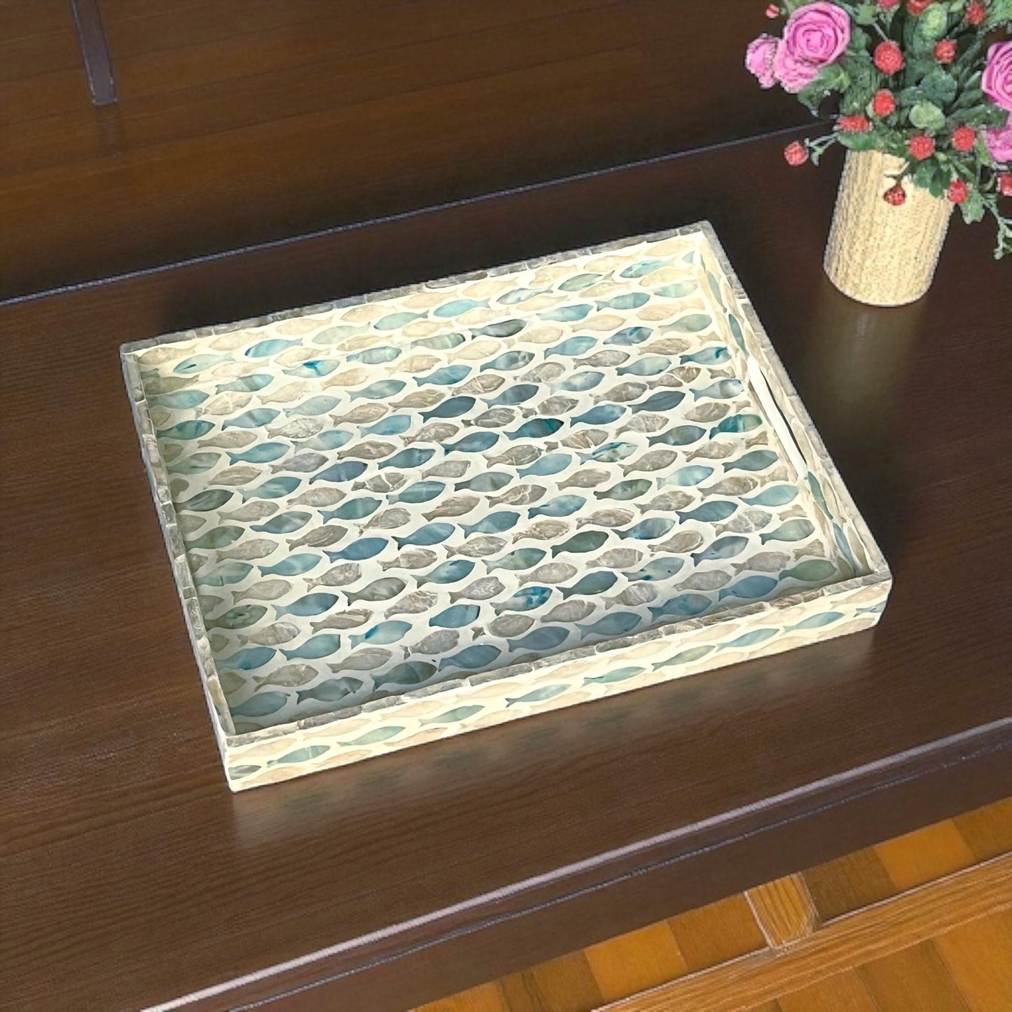Rectangular Mother of Pearl & Capiz Shell Fish Pattern Inlay Tray