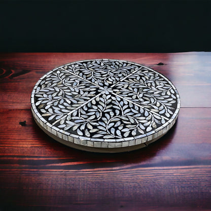 Mother of Pearl Lazy Susan Turntable, Black Leaf Inlay Rotating Tray