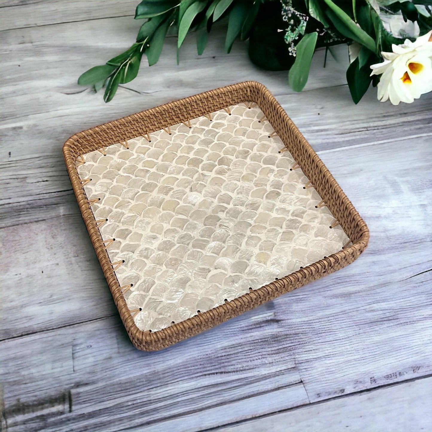 Square Capiz Shell Rattan Tray – Handmade Woven Serving Tray with Pearl Mosaic