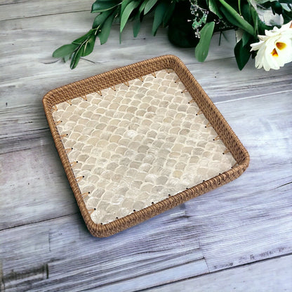 Square Capiz Shell Rattan Tray – Handmade Woven Serving Tray with Pearl Mosaic