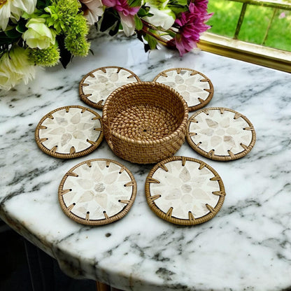 Round Ivory Capiz Shell & Rattan Coaster Set with Handwoven Holder