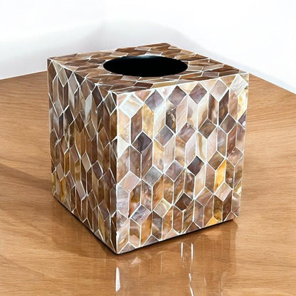 Mother of Pearl Inlay Tissue Box Cover: Brown Cube Mosaic