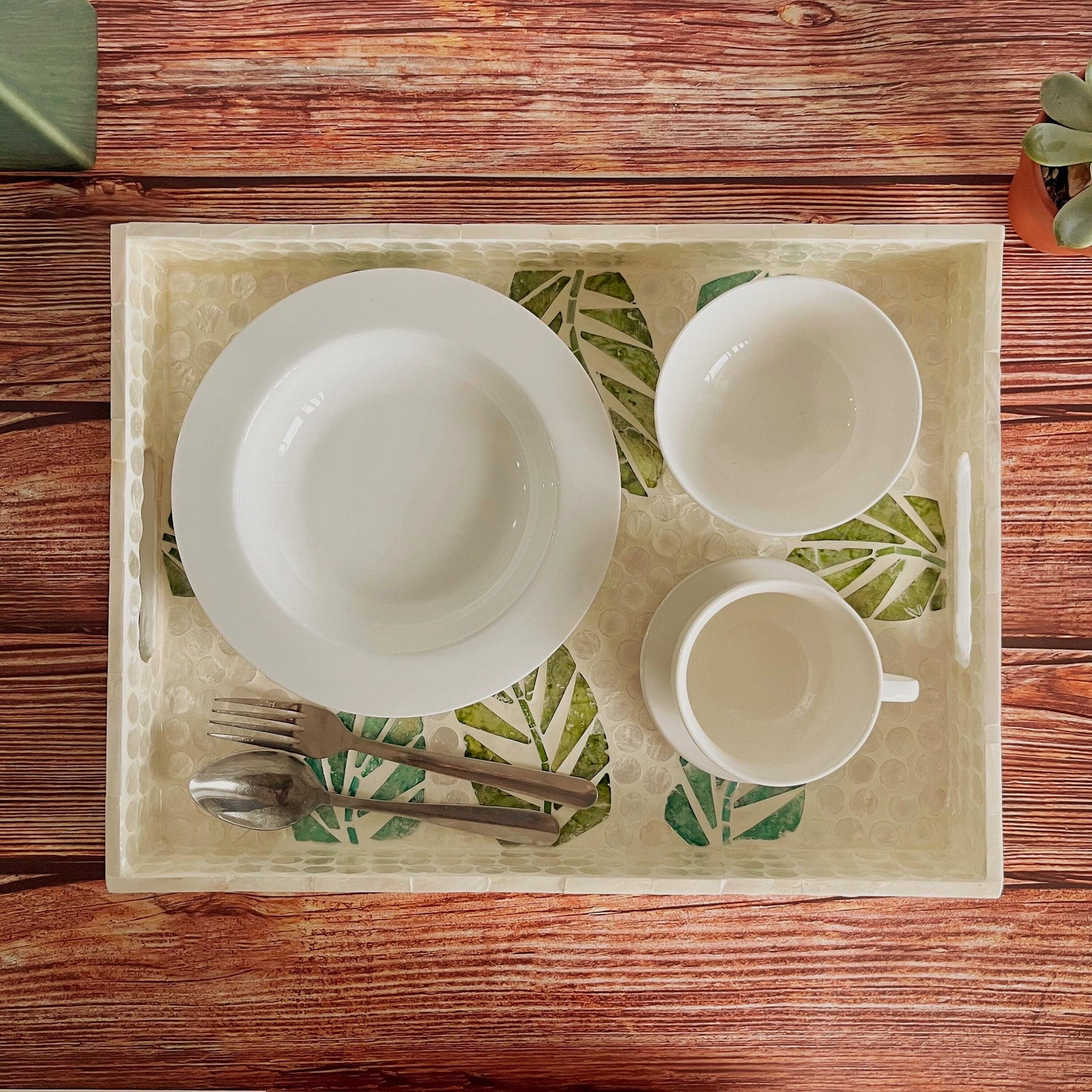 Green Leaf Capiz Shell Rectangular Tray with Handles