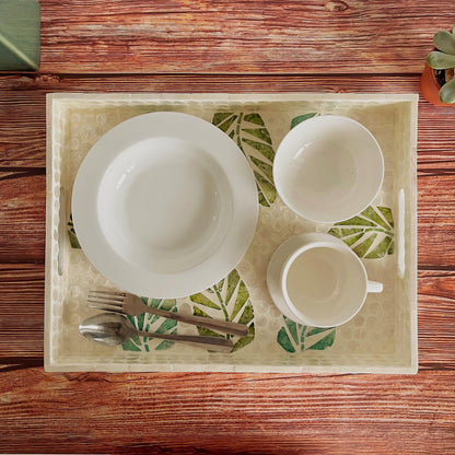 Green Leaf Capiz Shell Rectangular Tray with Handles