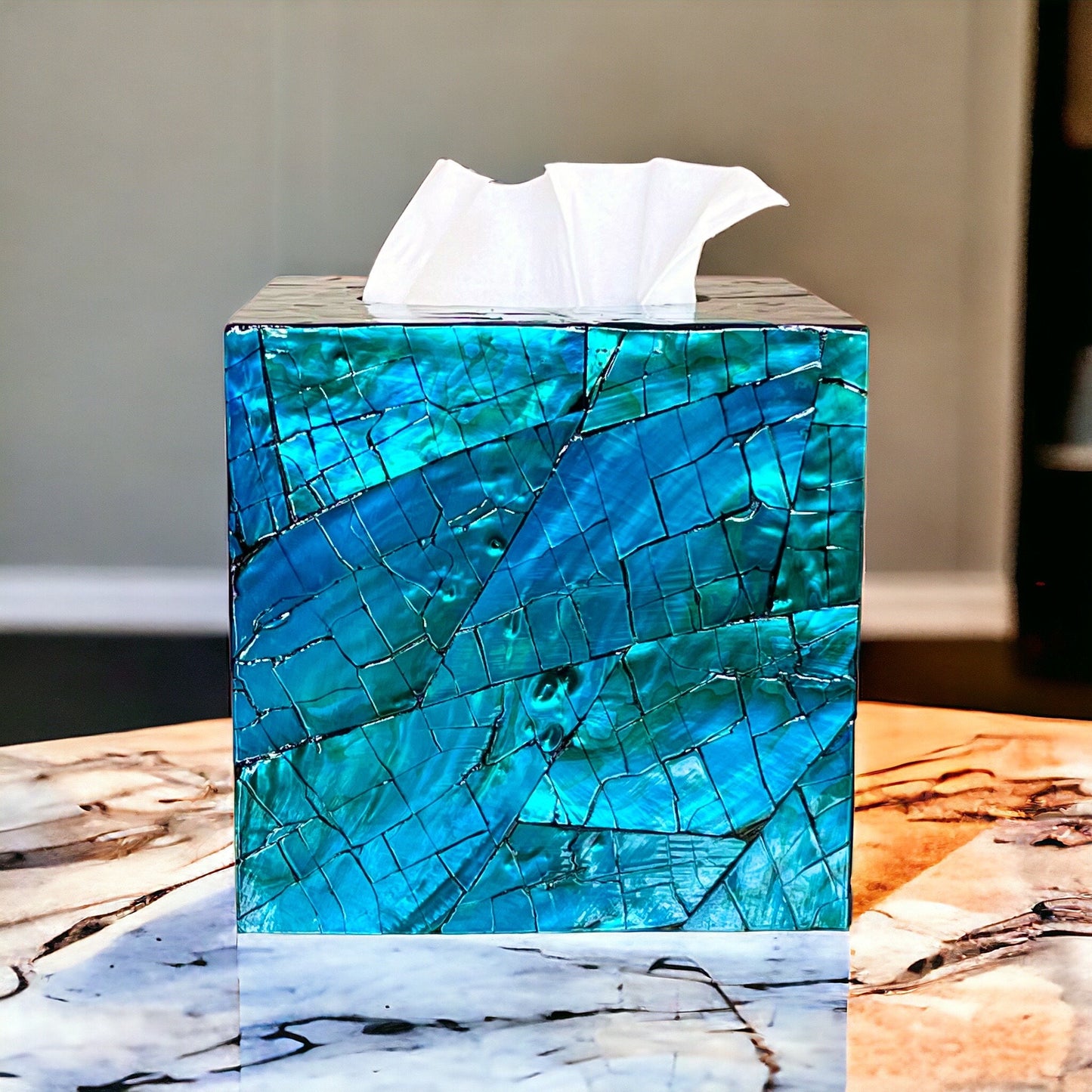 Blue Teal Square Mother of Pearl Tissue Box Cover