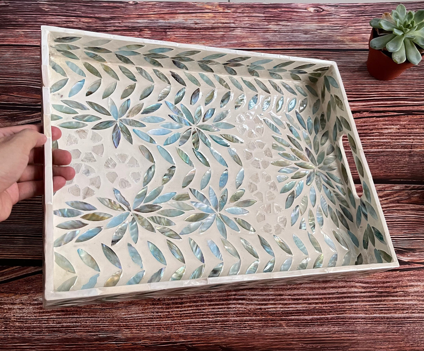 Rectangular Mother of Pearl & Capiz Shell Inlay Tray – Decorative Serving Tray