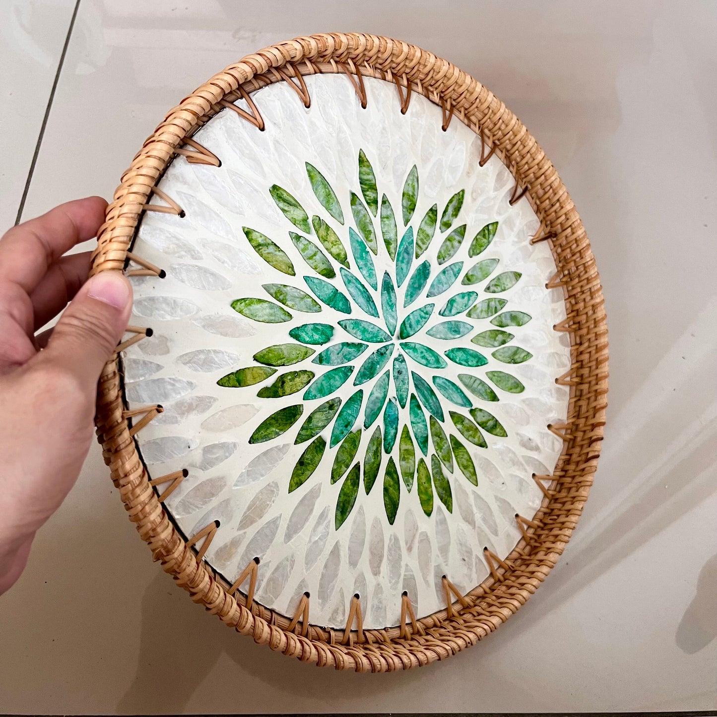 Round Rattan Tray with Green Capiz Shell Leaf Mosaic