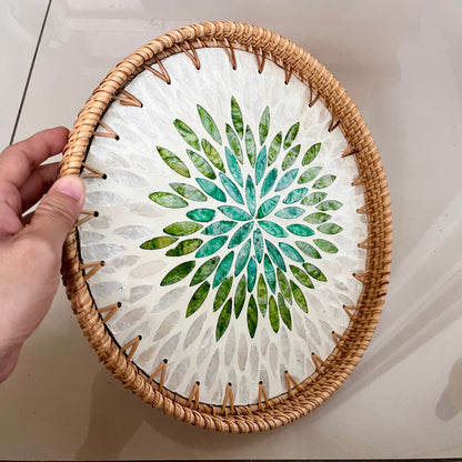 Round Rattan Tray with Green Capiz Shell Leaf Mosaic