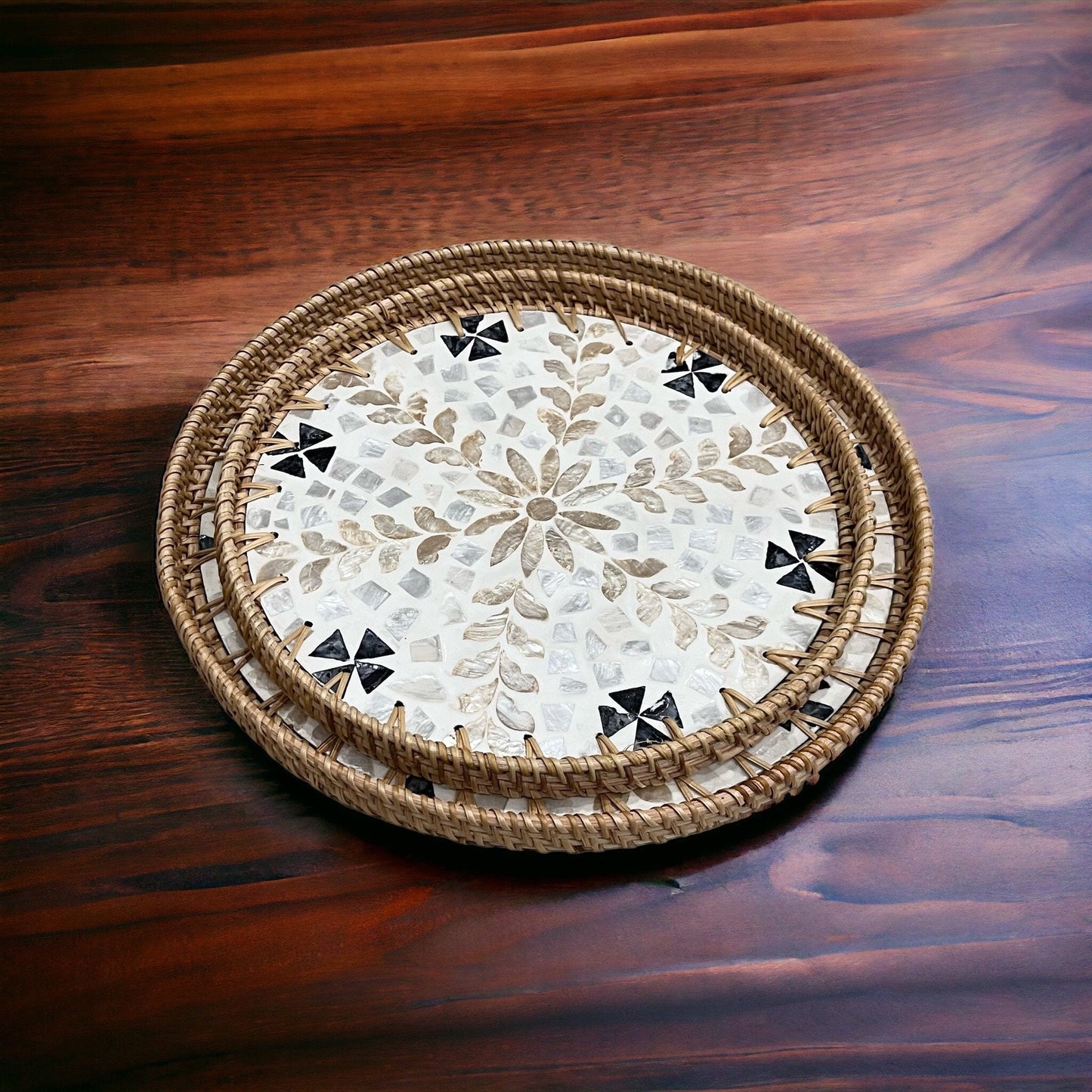 Black White Gold flower Hand-woven Capiz Shell Tray