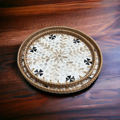 Black White Gold flower Hand-woven Capiz Shell Tray
