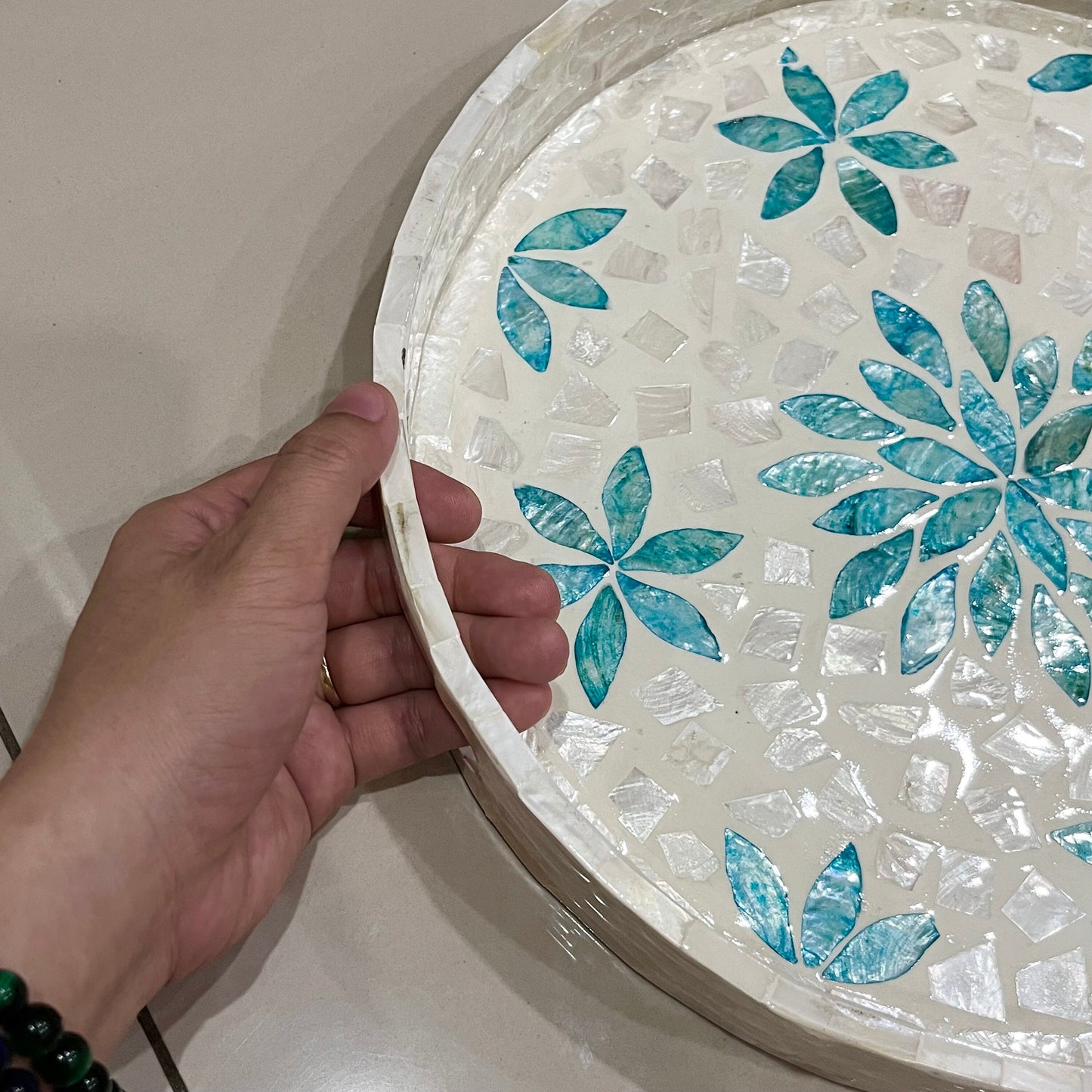 Round Mother of Pearl & Capiz Shell Floral Inlay Tray with Blue Accents
