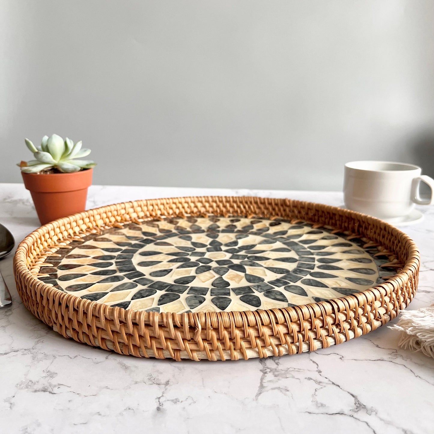 Round Rattan Tray with Black & Ivory Capiz Shell Inlay
