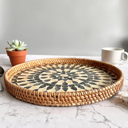 Round Rattan Tray with Black & Ivory Capiz Shell Inlay