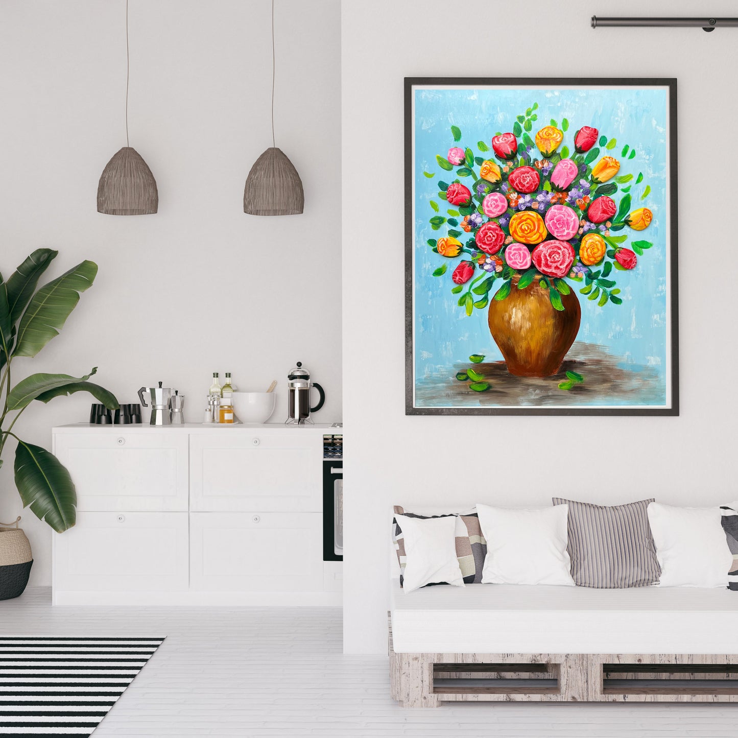 Pebble Art Flower Vase: Handmade Stone Painting, Hanging Wall Art