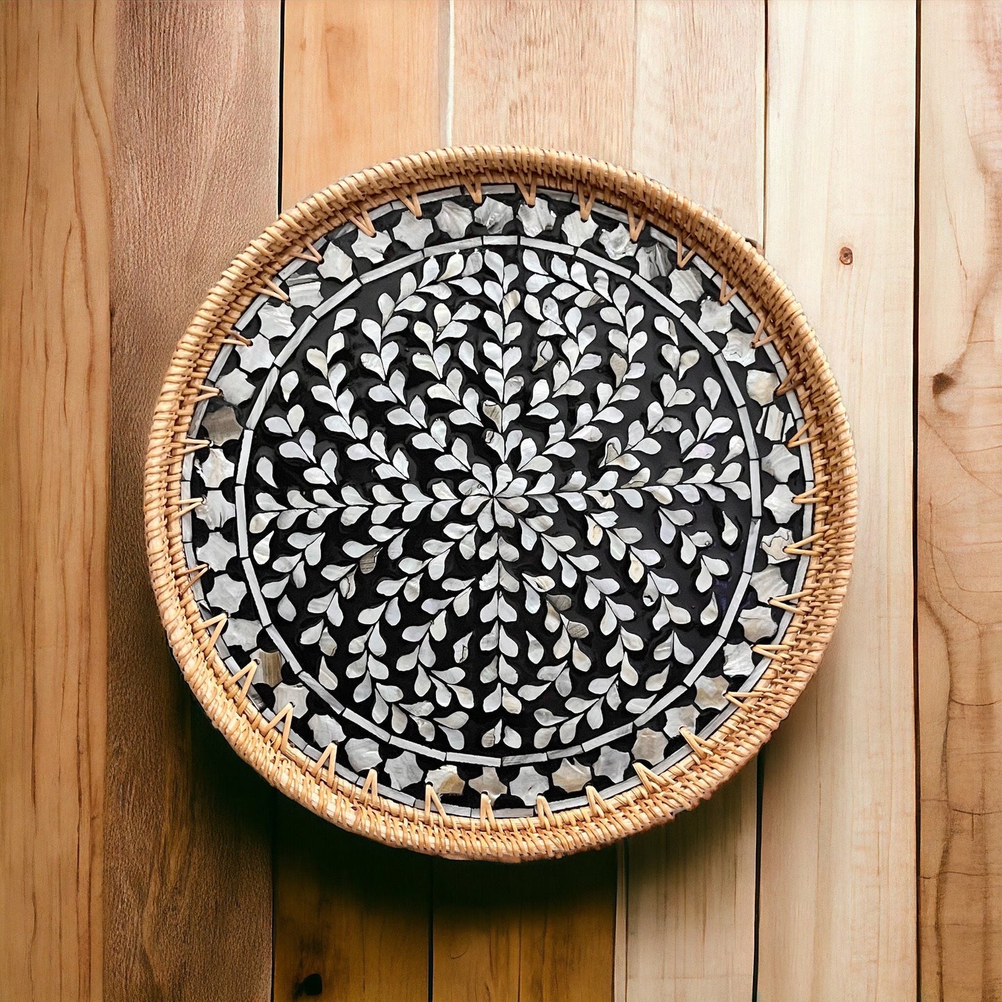 Black & White Mother of Pearl Rattan Tray