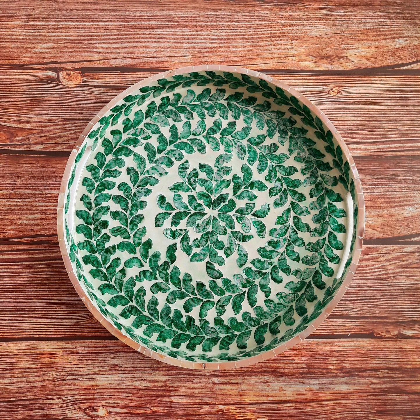 Round Capiz Shell Inlay Tray with Green Leaf Pattern – Decorative Coffee & Serving Tray
