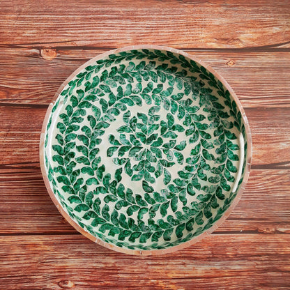 Round Capiz Shell Inlay Tray with Green Leaf Pattern – Decorative Coffee & Serving Tray