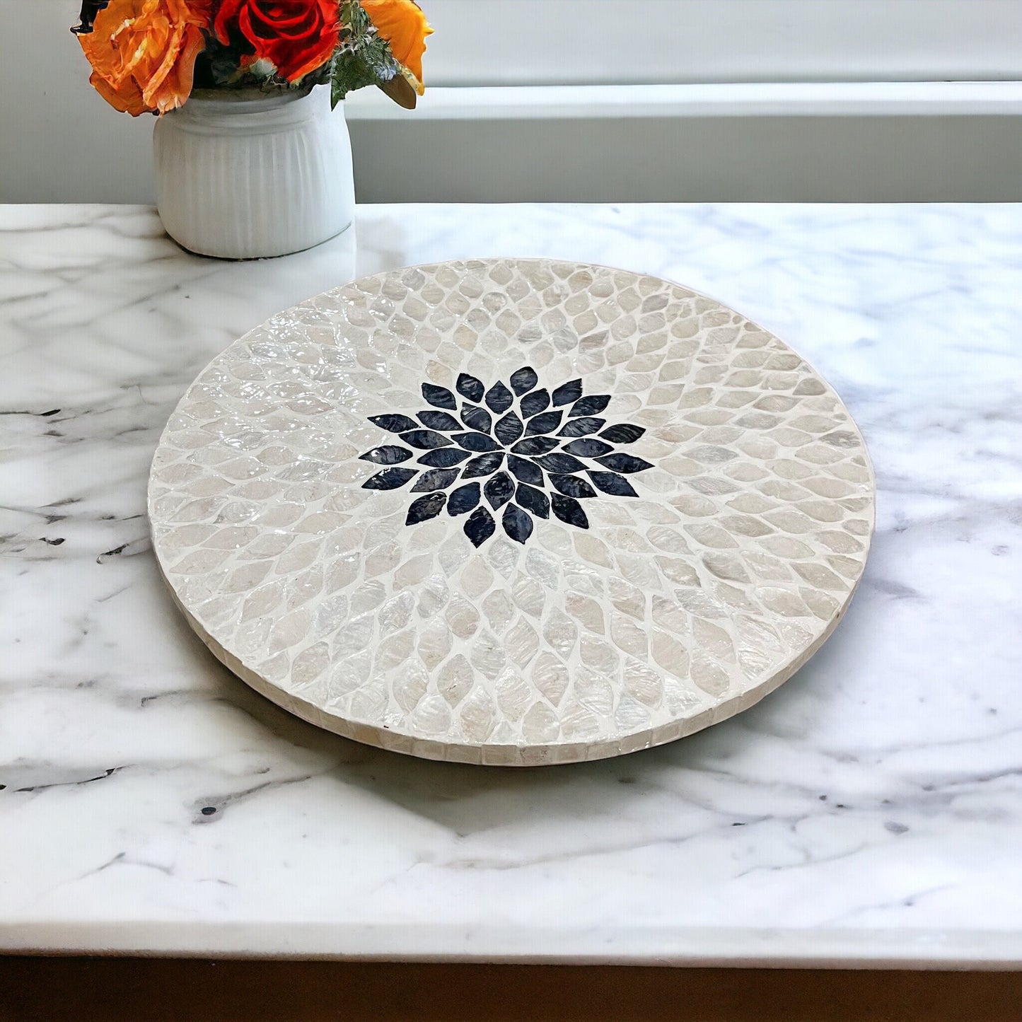 Black Floral Capiz Shell Lazy Susan