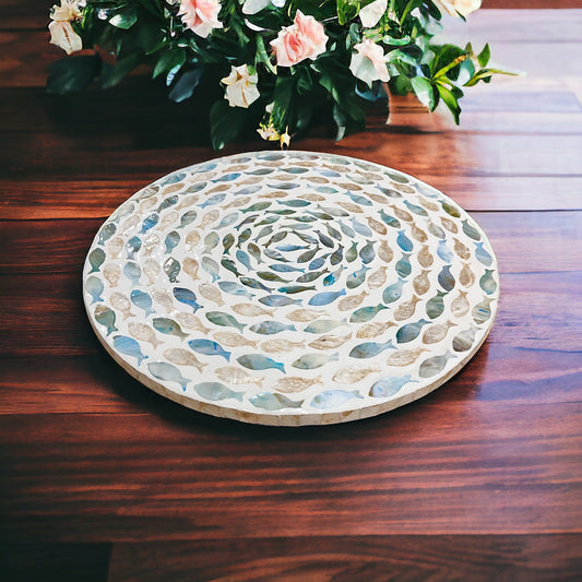Mother of Pearl & Capiz Lazy Susan Turntable, Fish Swirl Inlay Rotating Tray