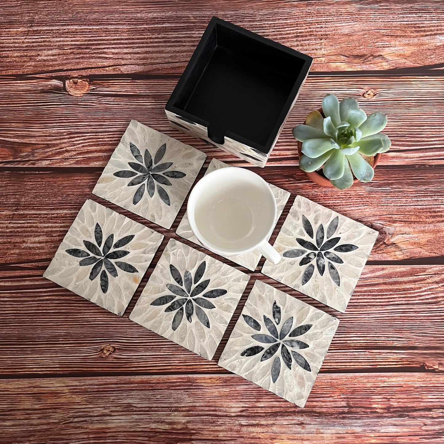 Black Floral Capiz Shell Coaster Set with Holder – Handmade Square Coasters