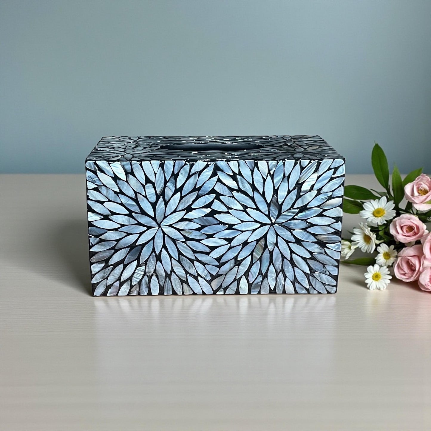 Rectangular Black Floral Mother of Pearl Tissue Box Cover