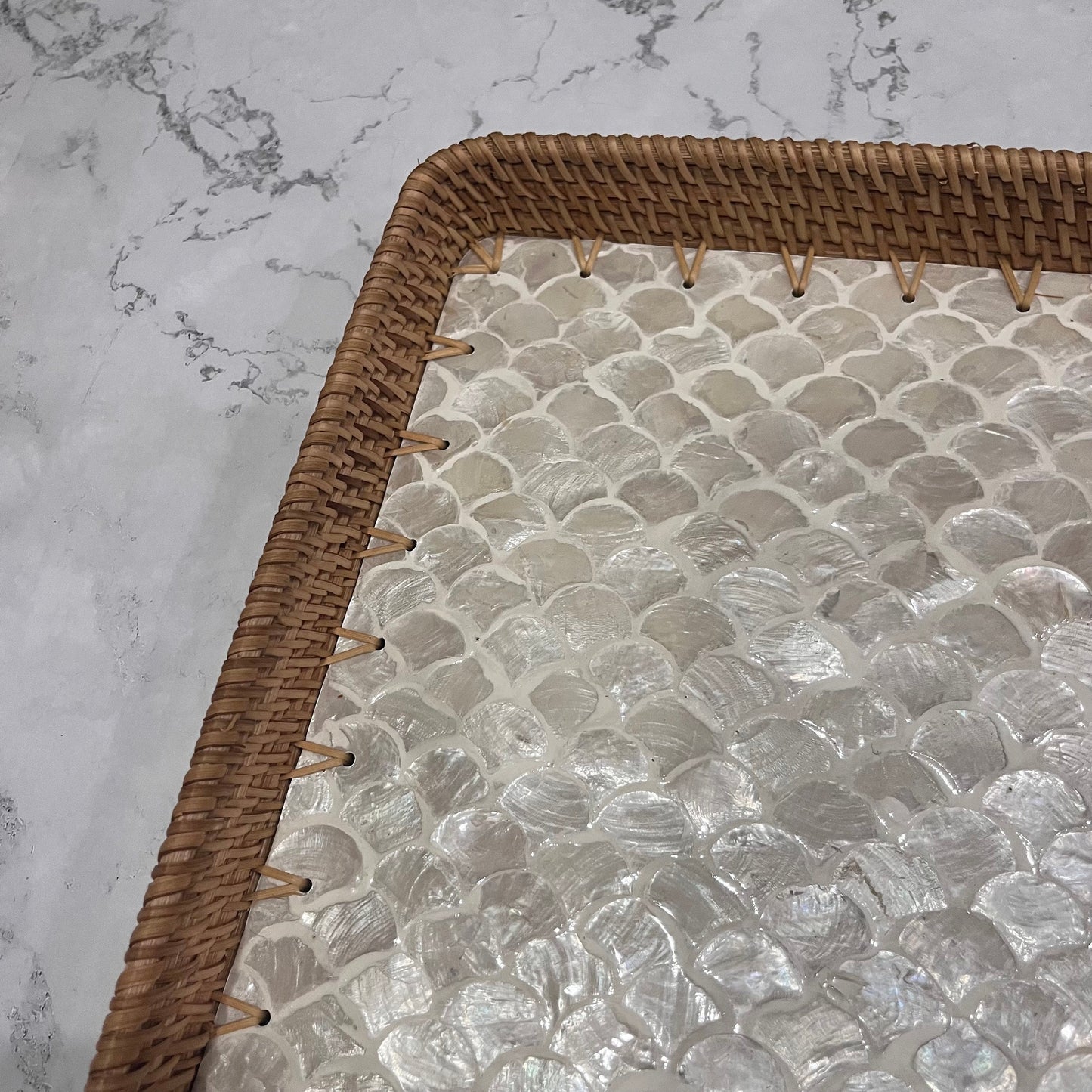 Square Capiz Shell Rattan Tray – Handmade Woven Serving Tray with Pearl Mosaic
