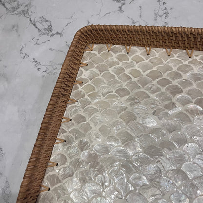 Square Capiz Shell Rattan Tray – Handmade Woven Serving Tray with Pearl Mosaic