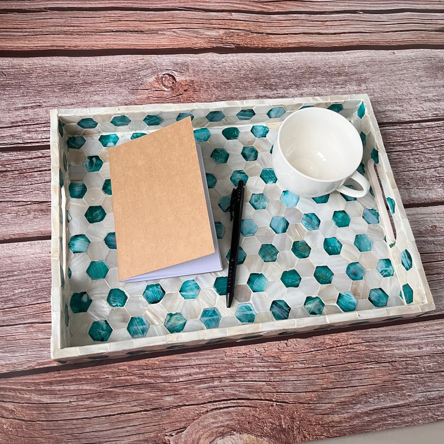 Mother of Pearl Serving Tray: Handmade Honeycomb Inlay, Vietnamese Craft