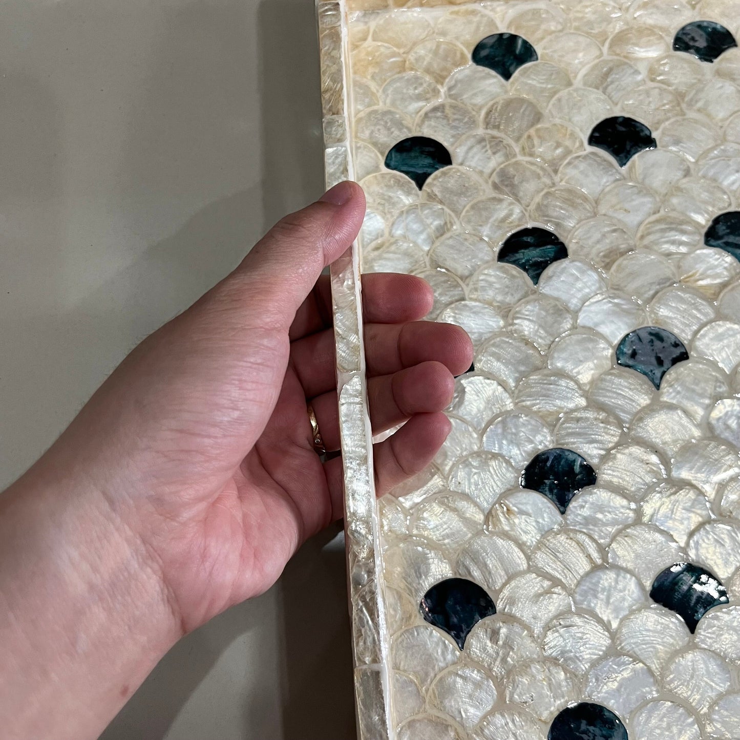 Rectangular Ivory & Black Capiz Shell Scallop Inlay Tray