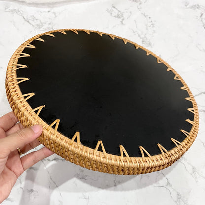 Round Rattan Tray with Green Floral Capiz Shell Inlay