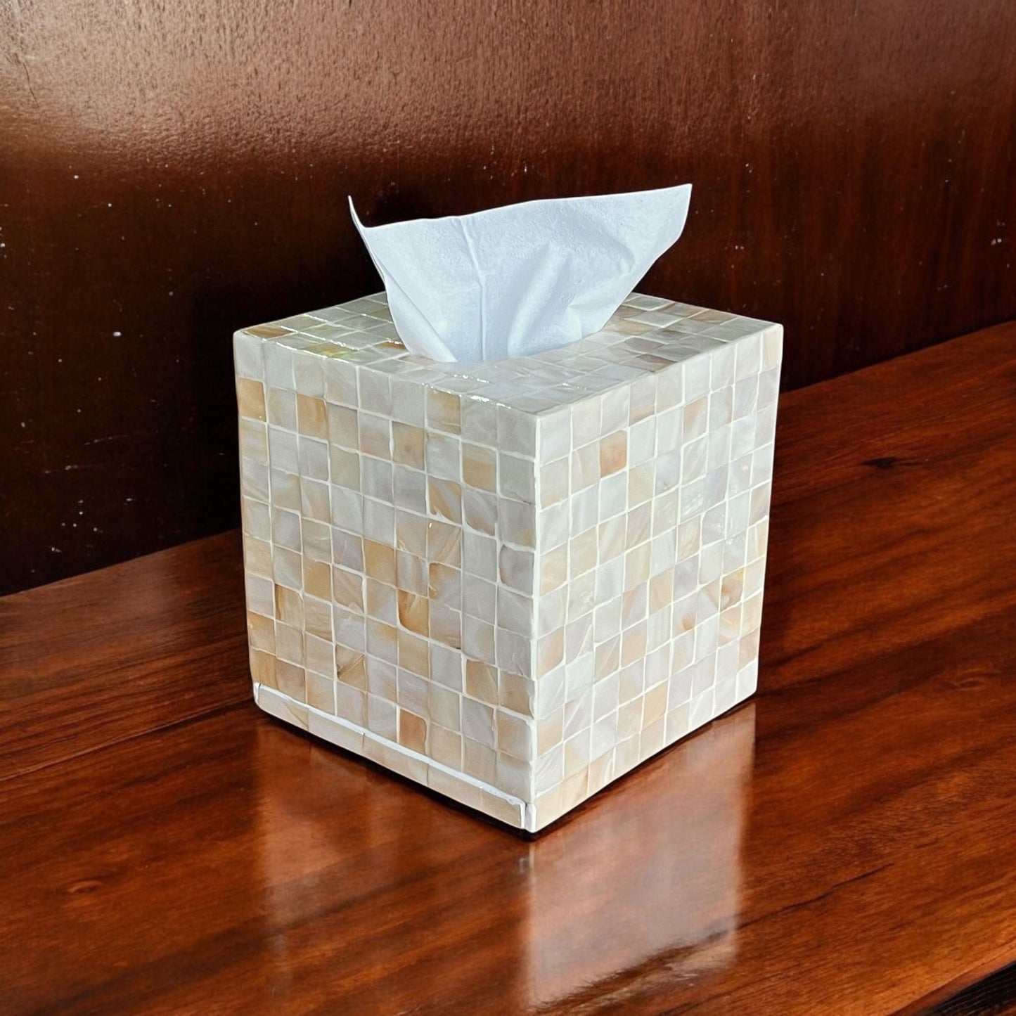 Mother of Pearl Inlay Cube Tissue Box Cover: Ivory Color Square Mosaic Pattern