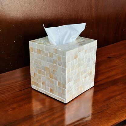 Mother of Pearl Inlay Cube Tissue Box Cover: Ivory Color Square Mosaic Pattern