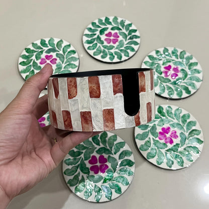 Floral Capiz Shell Coaster Set with Holder – Handmade Decorative Drink Coasters
