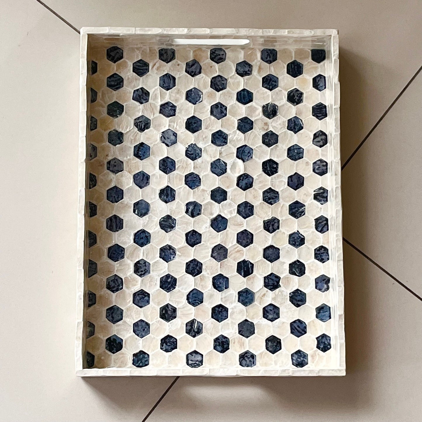 Rectangular Black & Ivory Capiz Shell Hexagon Inlay Tray