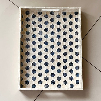 Rectangular Black & Ivory Capiz Shell Hexagon Inlay Tray