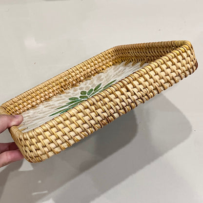 Handwoven Rattan Tray with Capiz Shell Inlay – Square Floral Decorative Serving Tray