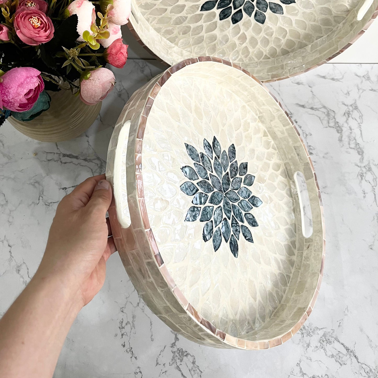 Round Mother of Pearl & Capiz Shell Floral Inlay Tray with Black Center