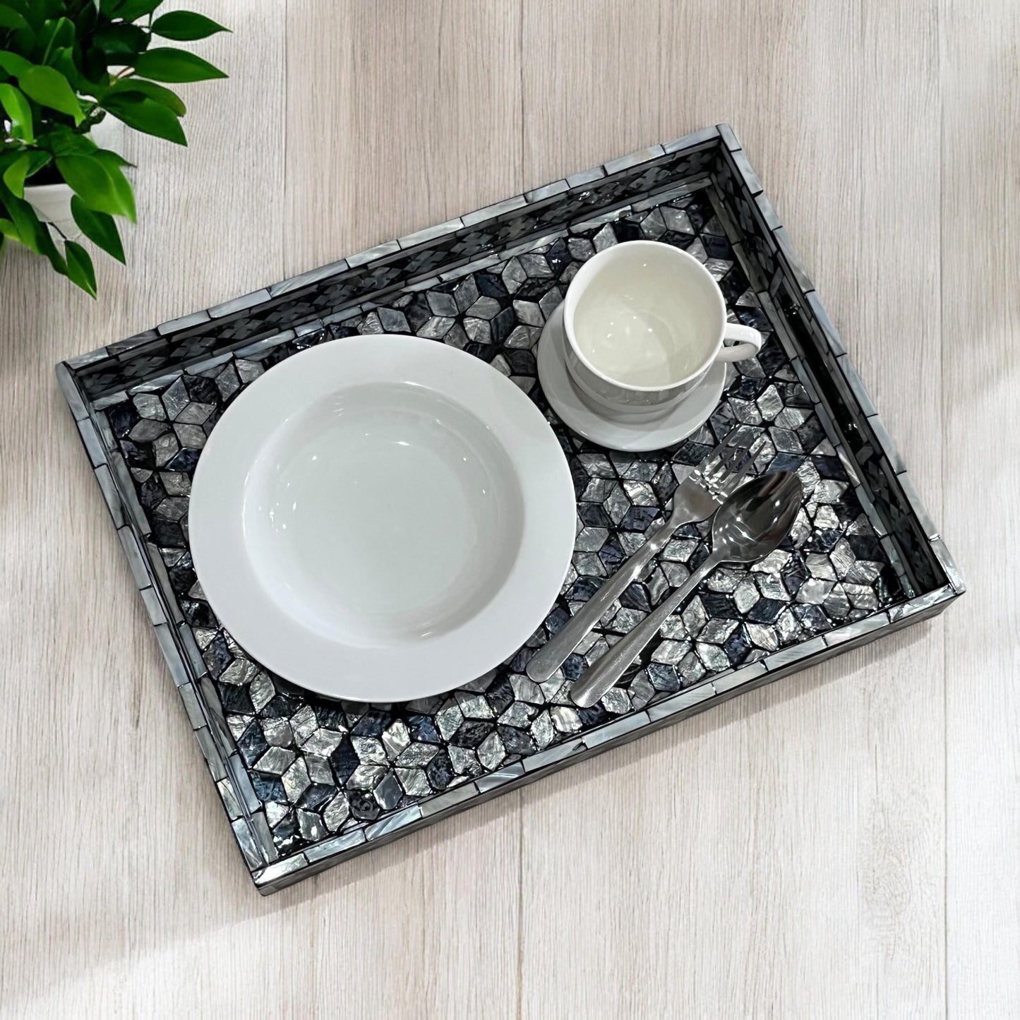 Rectangular Black & White Shell Inlay Tray with Snowflake Pattern