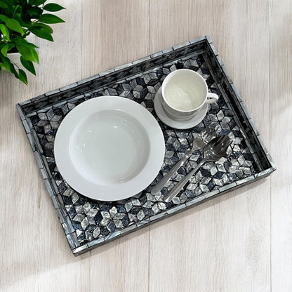Rectangular Black & White Shell Inlay Tray with Snowflake Pattern